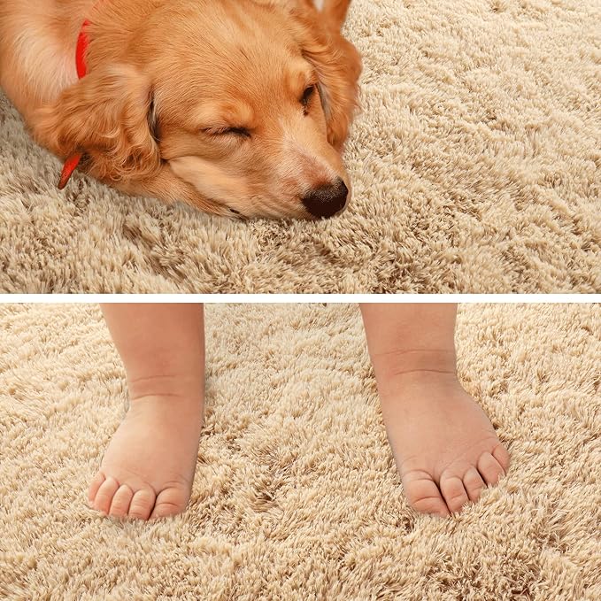 Merelax Soft Modern Indoor Large Shaggy Rug for Bedroom Livingroom Dorm Kids Room Home Decorative, Non-Slip Plush Fluffy Furry Fur Area Rugs Comfy Nursery Accent Floor Carpet 5x8 Feet, Light Tan