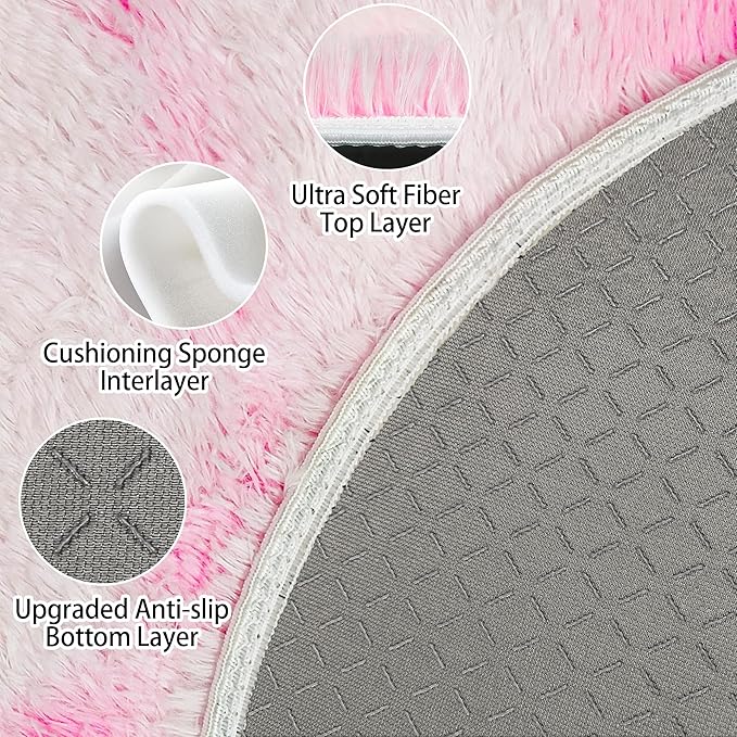 4x4 ft Pink Fluffy Round Rug for Girls Bedroom,Colorful Soft Shaggy Circular Area Rug Kids Cute Fuzzy Carpet Furry for LivingRoom Nursery Dorm Playroom Room Unicorn Decor Reading Nook Mat