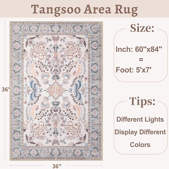Tangsoo 5x7 Washable Area Rug, Non Slip Boho Persian Floral Rug for Living Room Bedroom, Vintage Neutral Soft Low Pile Floor Indoor Carpet for Bathroom Office Laundry Kid & Pets Friendly Home Decor