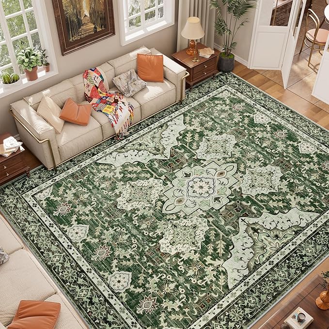 AMTOVO 8x10 Area Rugs for Living Room, Non-Slip Large Boho Vintage Medallion Floral Retro Print Pattern Carpet for Bedroom Dining Room Home Office Nursery Dorm Farmhouse, Dark Green