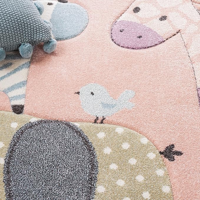 SAFAVIEH Carousel Kids Collection Area Rug - 4' x 6', Blush Pink, Animal Design, Ideal for High Traffic Area for Boys & Girls in Playroom, Nursery, Bedroom (CRK120U-4)