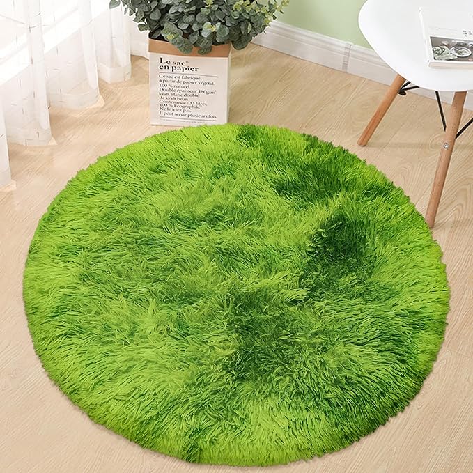 3 ft Small Green Grass Round Rugs for Bedroom,Tie Dyed Green Circle Rug Fluffy Fuzzy Round Carpet Shag for Boys Bedroom Girls Room Kids Playroom Nursery Room Decor Aesthetic