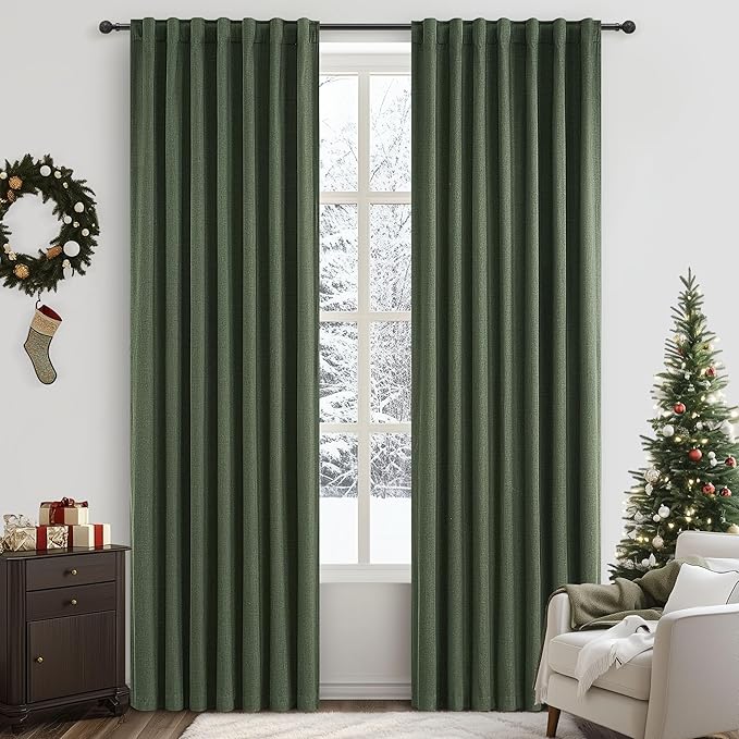 102 Inch Farmhouse Style Curtains, Sound/Draft/Cold/Heat/Sun Blocking Curtains Retro Vintage Dark Green Spring Drapes Playroom,Office Olive Green (W50 x L102 2 Panels Hook, Rings Included)