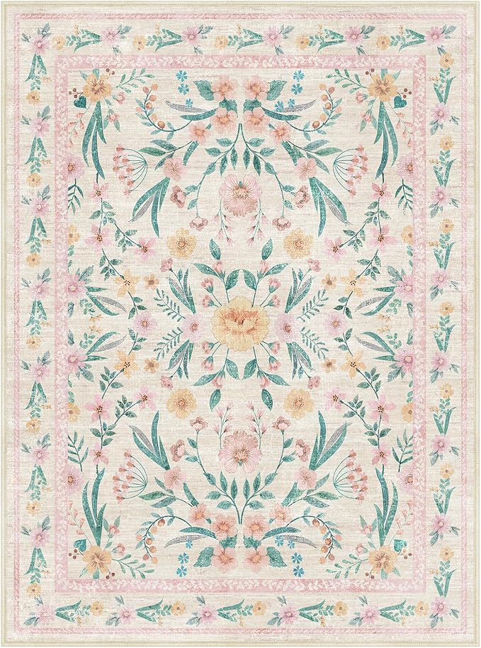 7x9 Pink Boho Floral Area Rug – Washable Non-Slip Soft Carpet for Living Room, Girls Bedroom, Kids Room or Playroom