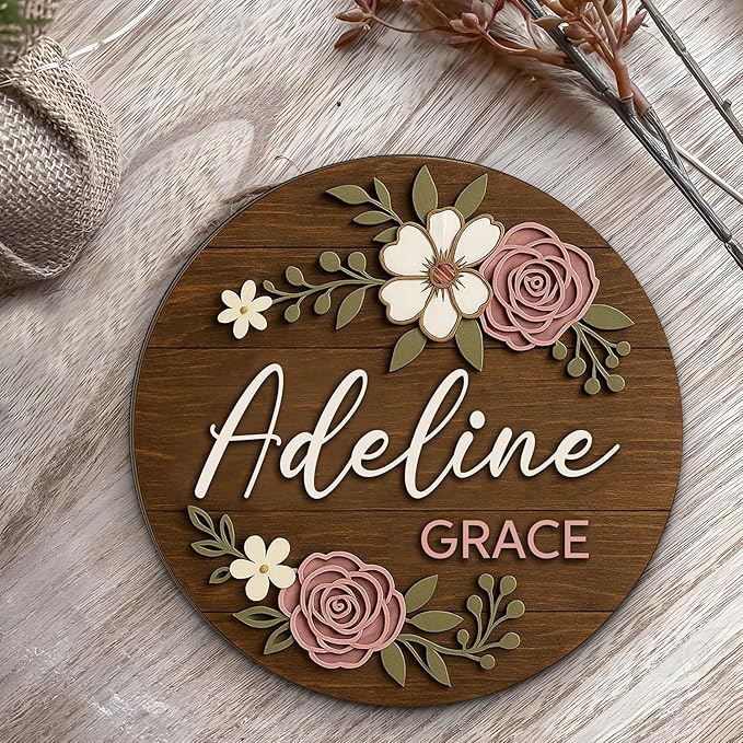 Personalized Floral Wooden Name Sign – Newborn Keepsake Wood Plaque with Flowers and Leaves, Custom Nursery Wall Decor, Baby Girl Room Door or Bedroom Decoration