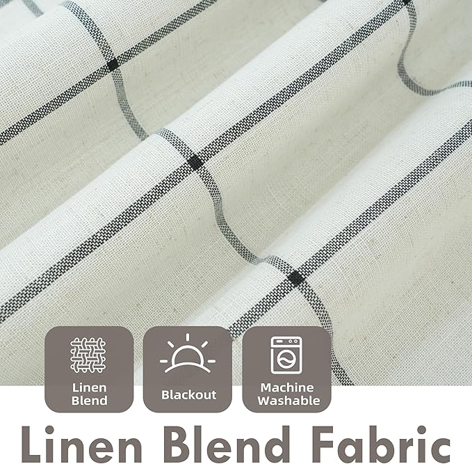 DriftAway 2 Panels 100% Blackout Windowpane Plaid Linen Curtains Double Layer Drapes for Bedroom 96 Inches Long Farmhouse Thermal Insulated 3.25 Inch Rod Pocket Back Tab for Living Room Black