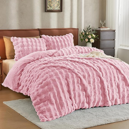 JELLYMONI Plush Duvet Cover Set - King Size Pink Faux Fur Comforter Cover 3pcs Bedding Set Luxury Ultra Soft Striped Fluffy Duvet Cover with Zipper and 2 Pillowcases (NO Comforter)