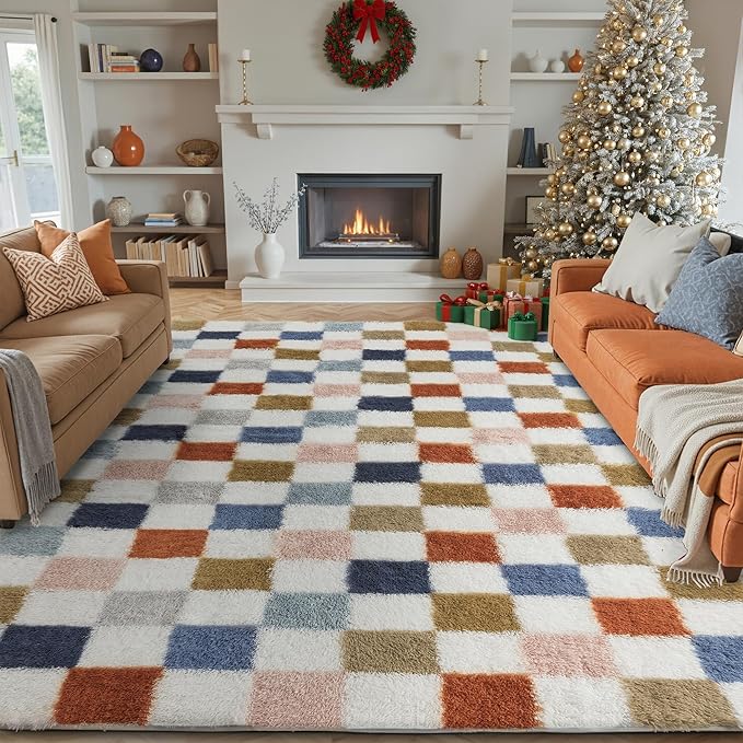 Checkered Rug 9x12 for Living Room, Modern Rainbown Shag Rug Washable Non-Slip Large Area Rug Super Soft Indoor Fuzzy Carpet Fluffy Rugs for Bedroom Home Aesthetic Decor