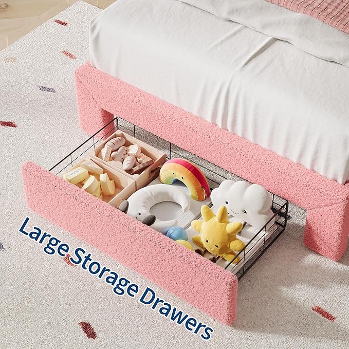 IDEALHOUSE Twin Bed Frame with LED Headboard and Under-Bed Drawer, Metal Upholstered Platform Bed with LED Light for Kids, Girls, Lamb Fleece Fabric, Wooden Slats Support, No Box Spring Needed, Pink