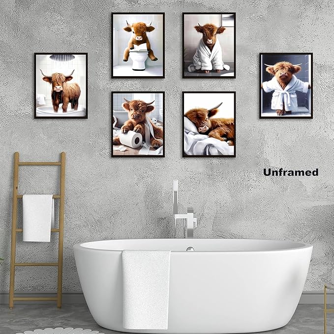 Funny Bathroom Highland Cow Wall Art, Vintage Brown Cow Animal Canvas Posters Prints Home Decor Set of 9, for Farmhouse Kids Bathroom Decoration Restroom Artwork 8x10In Unframed