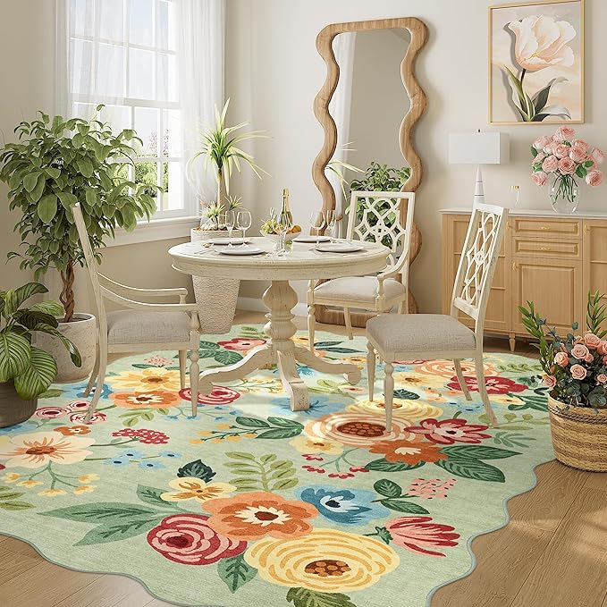 DUKINO 4x6 Area Rug, Floral Non-Slip Indoor Washable Rug with Low Pile & Non-Shedding, Lightwight Boho Design Carpet for Entryway, Bedroom, Kids Room, Living Room, Kitchen, Green