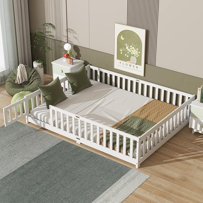 Queen Size Floor Bed with Fence and Door,Easy to Assemble Wood Bedstead,Platform Bed w/Safety Guardrails/Near The Ground,White