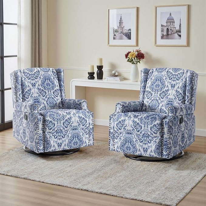 UIXE Floral Swivel Glider Recliner Chairs Set of 2, High Back Nursery Rocker Fabric Accent Chair for Living Room, Rivet Trim Upholstered Armchair Manual Reclining Sofa Seating - Navy Blue