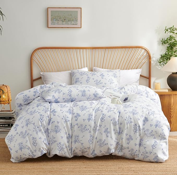 Blue Floral Duvet Cover King Size White Floral Bedding Set 3 Pieces Soft Breathable Spring Botanical Garden Aesthetic Cottagecore Reversible Comforter Cover with Zipper Closure and 2 Pillowcases