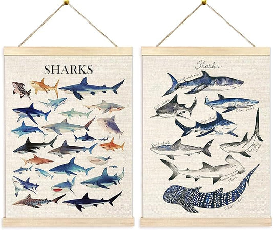 Ecezatik Shark Wall Art Set of 2, Shark Posters, Hanging Wall Art Decor for Classroom, Nursery, Kids Room, Playroom, Beach, Ocean Room Decor, 12x16 Inch
