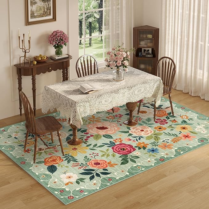 DUKINO 4x6 Area Rug, Floral Rugs for Living Room, Lightweight Non Slip Washable Rug, Indoor Low Pile & Non-Shedding Boho Design Rugs for Bedroom, Living Room, Dining Room, Green