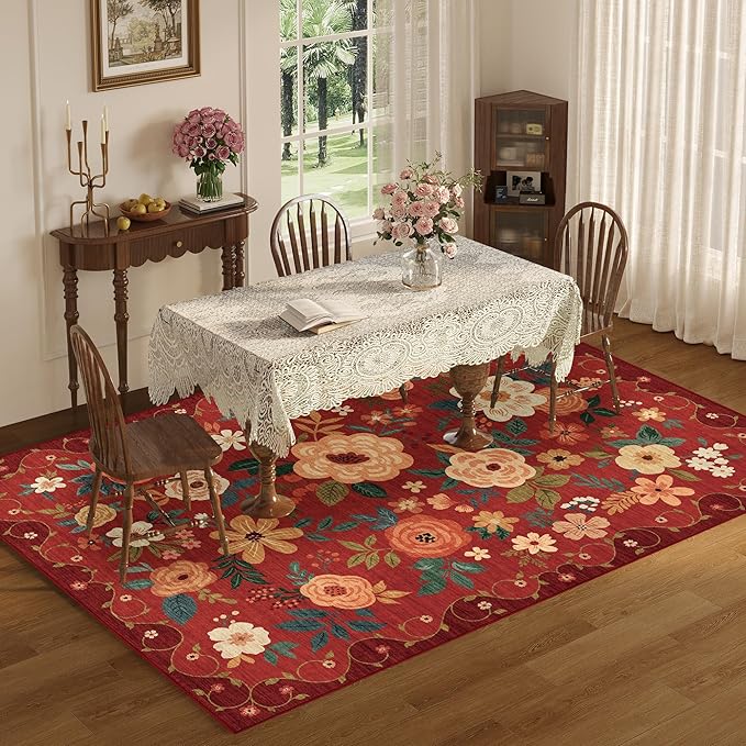DUKINO 8x10 Area Rug, Floral Rugs for Living Room, Lightweight Non Slip Washable Rug, Indoor Low Pile & Non-Shedding Boho Design Rugs for Bedroom, Living Room, Dining Room, Red