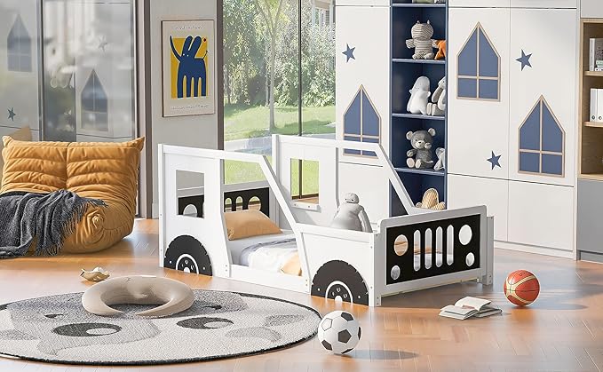 Twin Size Classic Car-Shaped Platform Bed with Wheels, 77.4" L x 41.7" W x 32" H White