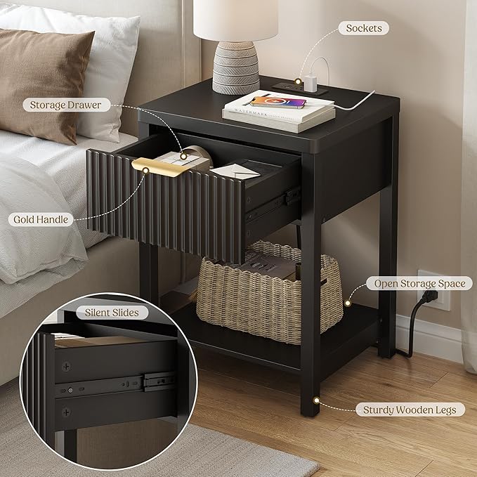 Lulive Night Stand Set 2, Fluted Nightstand with Charging Station, Wood Modern Bedside End Table with Storage Drawer for Bedroom, Save Space (Set of 2, Black)