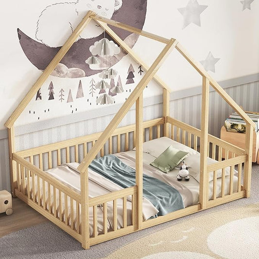 Bellemave Full Floor Bed for Kids, Girls, Boys, Wood House Bed Frame, House Floor Bed for Kids, Full Size Montessori Floor Bed with Fence, Playhouse, Natural
