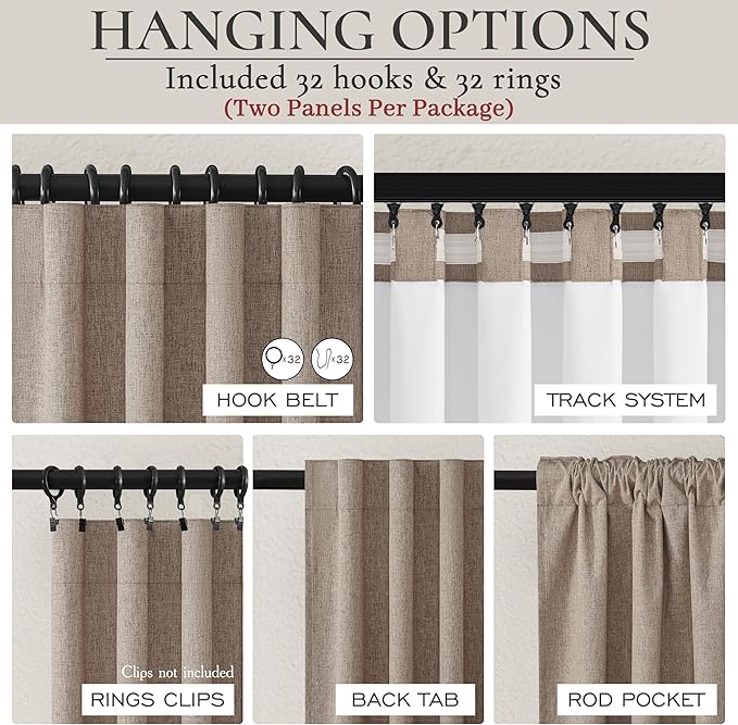Dark Flax Black Out 92 Inch Long Boho Curtains 2 Panel Set, Farmhouse Curtain for Living Room Darkening/Thermal/Noise Reduction Textured Linen Drape Hook&Ring Included Chocolate 50" Wx92 L