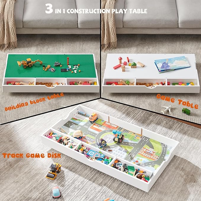3 in 1 Construction Play Table Compatible with Lego, Kids Activity Train Table with Storage, Building Block and Train Car Conveniently Store Under Bed or Sofas