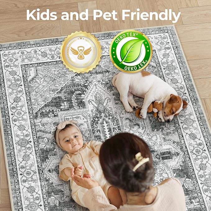 WITSHOCK Living Room Area Rugs 6x9: Washable Rug Boho Soft Non-Slip Low Pile Stain Resistant Foldable Carpet for Bedroom Playroom Dining Room Office Kitchen Farmhouse Home Decor Rug-Gray
