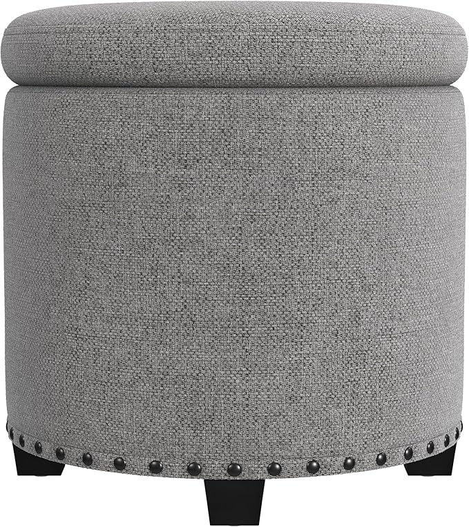 HomePop Home Decor | Upholstered Round Storage Ottoman with Nailheads| Ottoman with Storage for Living Room & Bedroom, Grey Woven