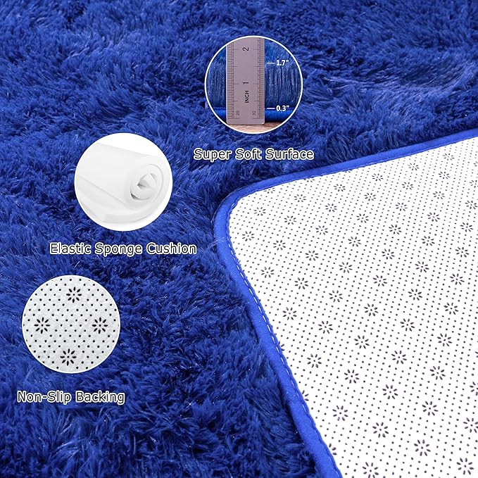 2x6 Fluffy Area Rug - Soft Shag Fuzzy Rug for Bedroom - Non Slip Runner Living Room Girls Rug Home Decor Navy