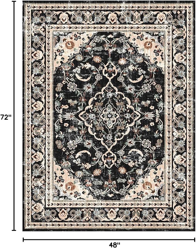 Vhong Washable Area Rugs Boho Vintage Modern Neutral Small Carpet Black and Brown 4×6 High Traffic Rugs for Dinning Room Living Room Bedroom Non Slip