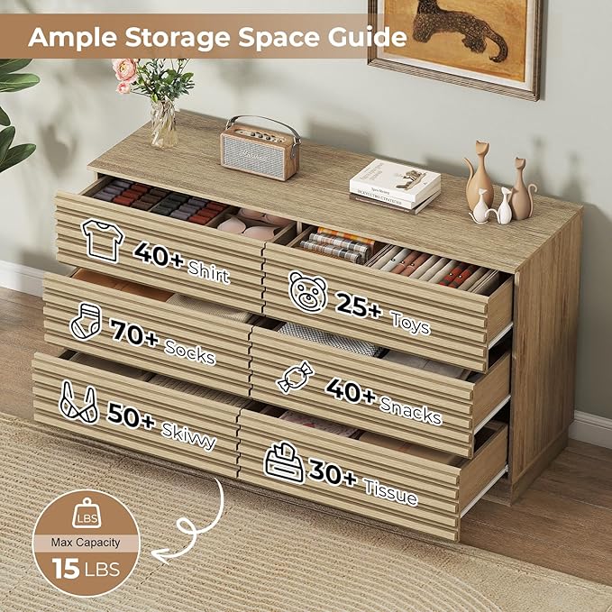 EAG 6 Drawer Dresser for Bedroom, 47" Fluted Storage Cabinet with Drawers, Handleless Design, Modern Wide Dresser TV Stand for Bedroom, Living Room, Hallway, Natural Oak