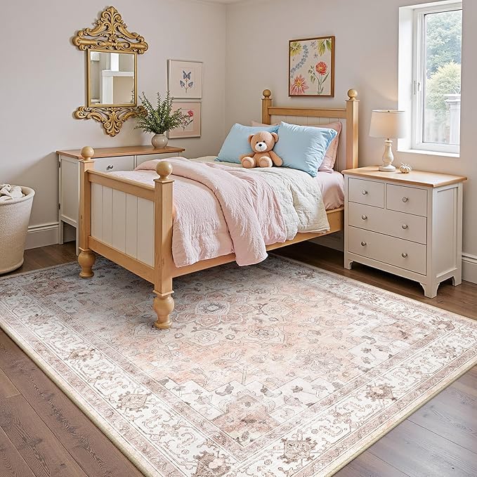 Machine Washable Rugs Nursery Rug 6x9 Cute Girl Non Slip Low Pile Water Repellent Soft Print Pattern for Bedroom Indoor Decor Kids Playroom Pink
