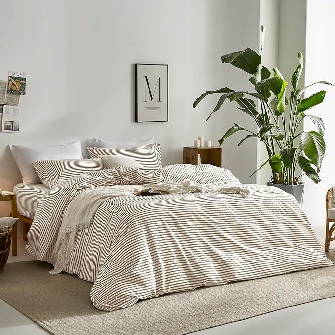 JELLYMONI 100% Natural Cotton 3pcs Striped Duvet Cover Sets,White with Khaki Stripes Pattern Printed Comforter Cover,with Zipper Closure & Corner Ties(King Size)