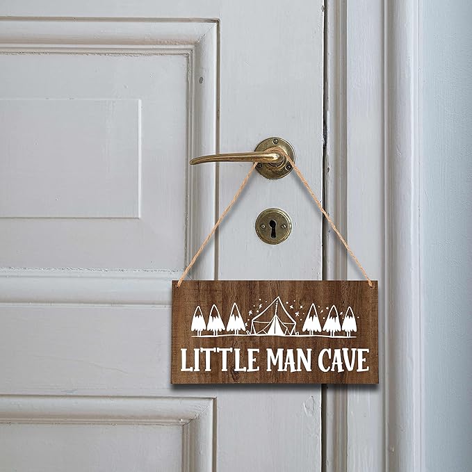 Camping Nursery Decor for Boys, 5"x10" Little Man Cave Wood Sign, Natural Baby Room Wall Decor, Woodland Playroom Decor, Gift for Baby Shower, Toddler Kids Bedroom Living Room Hanging Sign -A03