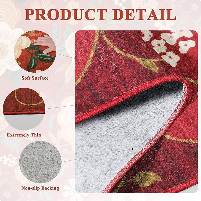 DUKINO 8x10 Area Rug, Floral Rugs for Living Room, Lightweight Non Slip Washable Rug, Indoor Low Pile & Non-Shedding Boho Design Rugs for Bedroom, Living Room, Dining Room, Red