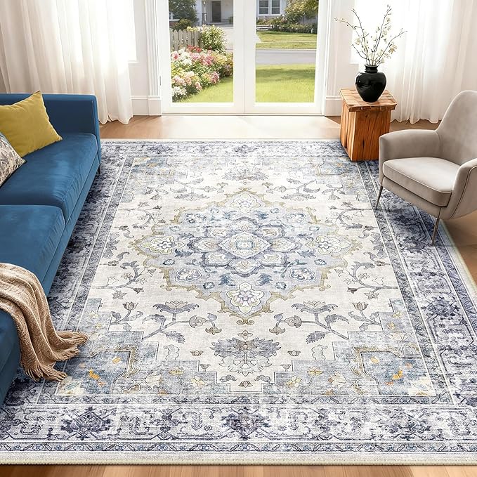 Machine Washable Rugs Nursery Rug 3x5 Cute Girl Non Slip Low Pile Water Repellent Soft Print Pattern for Bedroom Indoor Decor Kids Playroom Bluewhite