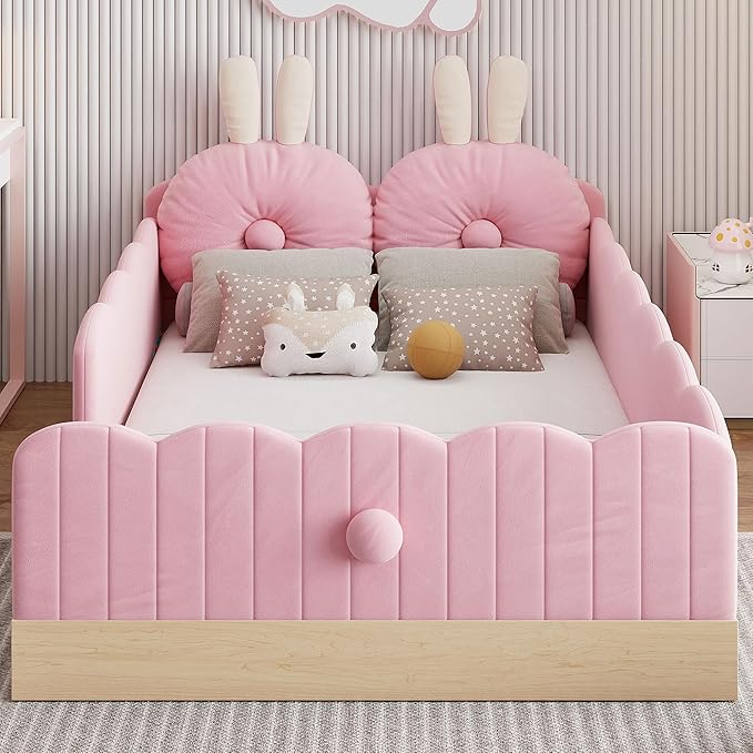 Lovely Twin Size Upholstered Platform Bed with 2 Soft Pillows and Storage Bags, Princess Bed Frame with Cute Rabbit Ear Shaped Headboard and Guardrails for Bedroom, No Box Spring Required (Pink-X52)