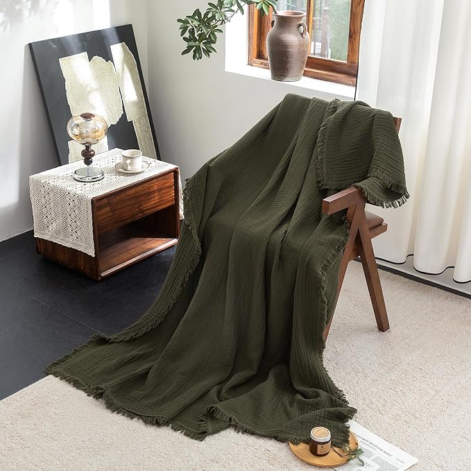 FOSSA Muslin Blanket with Fringe - 4-Layer 100% Cotton Gauze Super Soft & Breathable Throw -Lightweight Decorative Cooling Blanket for Bed, Sofa, Office -Oversize Queen Size 98" × 98" (Olive Green)
