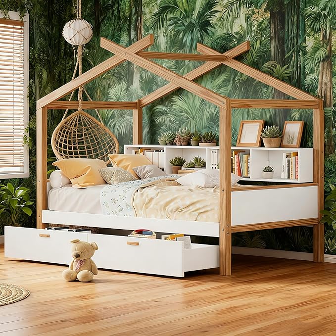 Twin Size Wooden House Bed with Twin Size Trundle and Bookshelf Storage Space, Original Wood Colored Frame with Roof and Slats Support for Kids Teens Girls Boys Bedroom (White+Trundle, Twin)