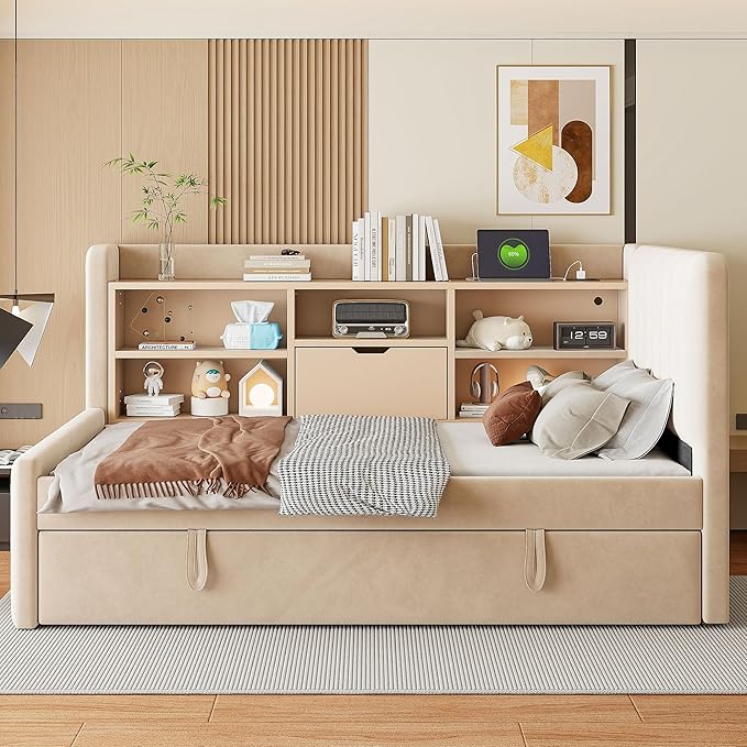 Twin Size Daybed with Trundle and Storage L-Shaped Bookshelf Headboard, Velvet Upholstered Soft Corner Bed with Charging Station and Shelves for Kids Boys Girls, Beige