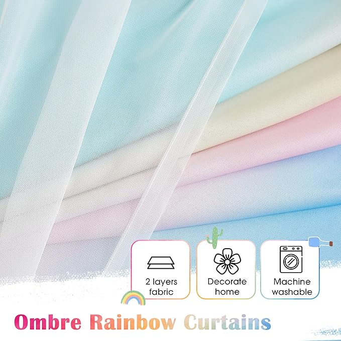 100% Blackout Curtains with Sheer Overlay Mix and Match Double Layer Drapes 84 Inch Long 2 Panels for Room Bedroom Ombre Rainbow Grommet Window Treatment with Tiebacks