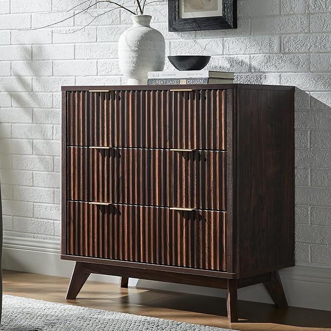 T4TREAM Fluted 3 Drawer Dresser, 32" Tall Modern Chest of Drawers, Curved Profile Design, Wood Drawer Organizer for Bedroom, Living Room, Hallway, Entryway, Dark Walnut