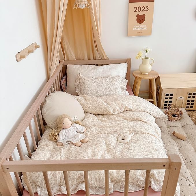 AOJIM Muslin Kids Duvet Cover with Forest Themed Patterns, 100% Cotton Toddler Comforter Cover 47X59'', Ruffled Design Baby Crib Quilt Cover 2-Layer Gauze for Boys Girls, No Comforter or Pillowcases
