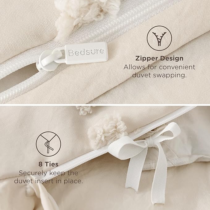 Bedsure Boho Duvet Cover Queen Size - Beige Tufted Boho Bedding, Farmhouse Shabby Chic Embroidery Bedding for All Seasons, 3 Pieces, 1 Soft Jacquard Queen Comforter Cover and 2 Pillow Shams