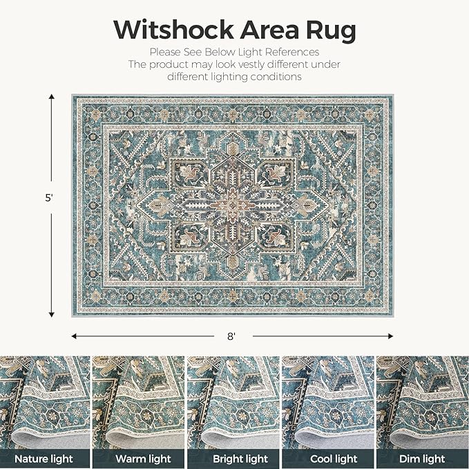 WITSHOCK 5x8 Teal Washable Area Rug for Living Room: Boho Soft Low Pile Carpet, Stain Resistant Foldable Floor Rug for Foyer Entryway Bedroom Dining Room Office Kitchen, Farmhouse Modern Home Decor