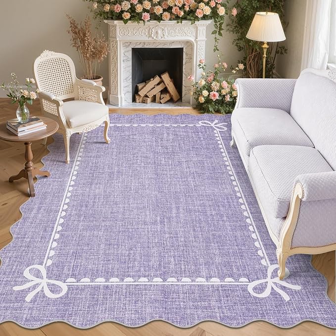 GarveeHome Scalloped Bow Rug for Living Room, Solid Purple Rug for Dorm, Washable Rugs 8x10 Soft Low Pile Non Slip Scalloped Rugs for Nursery College Bedroom Decor Kids Room Playroom
