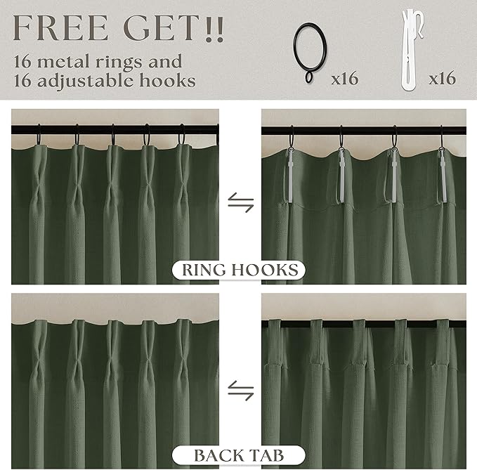 Pleated Linen Curtains 90 Inches Long for Living Room Pinch Pleat Hooks for Track System Back Tab Custom Made Memory Shape Drape Light Filtering Olive Green Living Room Bedroom Window Curtain 90 Inch