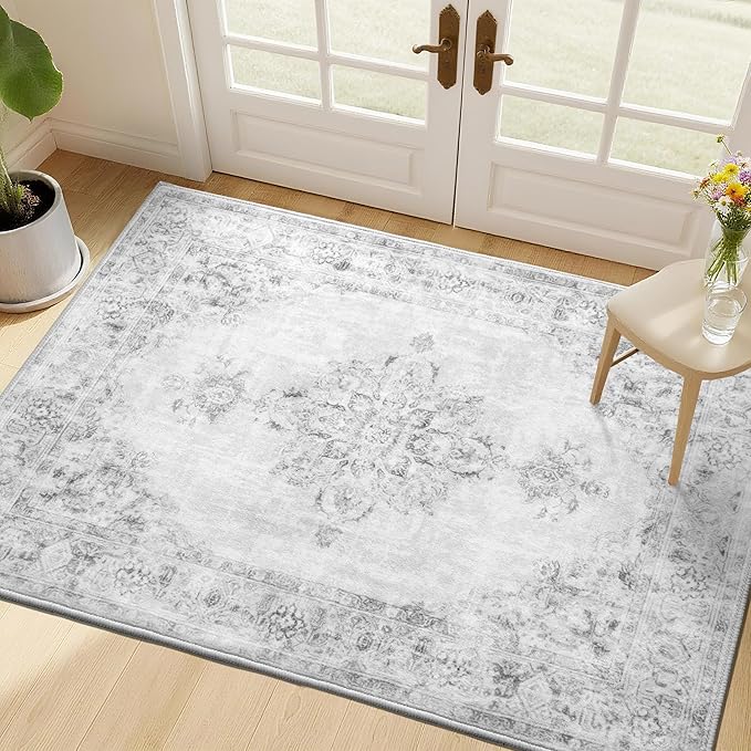 Area Rug 2x3, Washable Rug for Entryway Indoor, Small Area Rug for Living Room Entrance, Vintage Rug for Bedroom Doormat, Non Slip Soft Low Pile Carpet for Kitchen, Hallway, Office, Light Grey