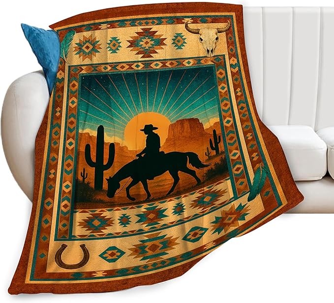 Western Cowboy Blanket Southwest Cowboy Horse Tropical Cactus Mexican Throw Blanket Soft Cozy Fleece Fuzzy Plush Warm Stuff Bedding Blankets Gifts for Boys Girls Kids Adult Men Women 50"X60"