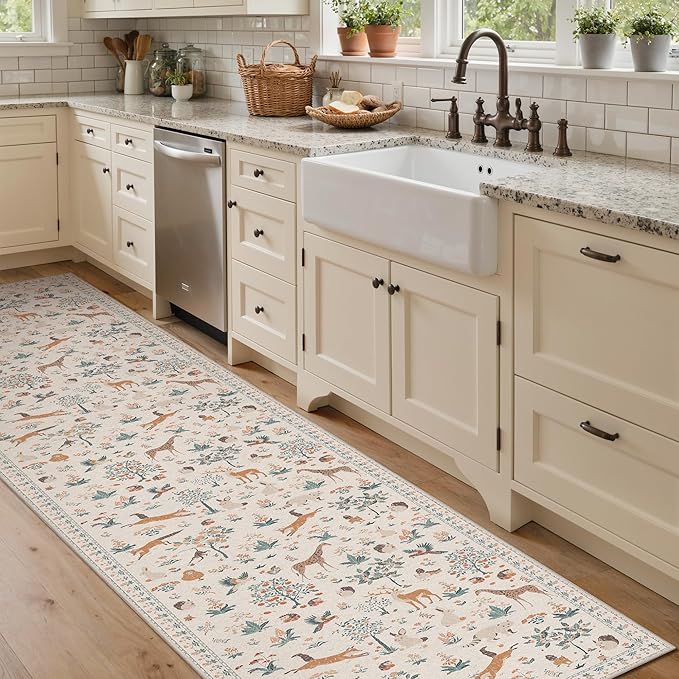 Runner Rug Non Slip 2'6''x 10', Floral Animal Print Rug Machine Washable Rug, Non Slip Low Pile Hallway Runner Carpet for Kitchen, Laundry, Bedroom, Bathroom, Beige